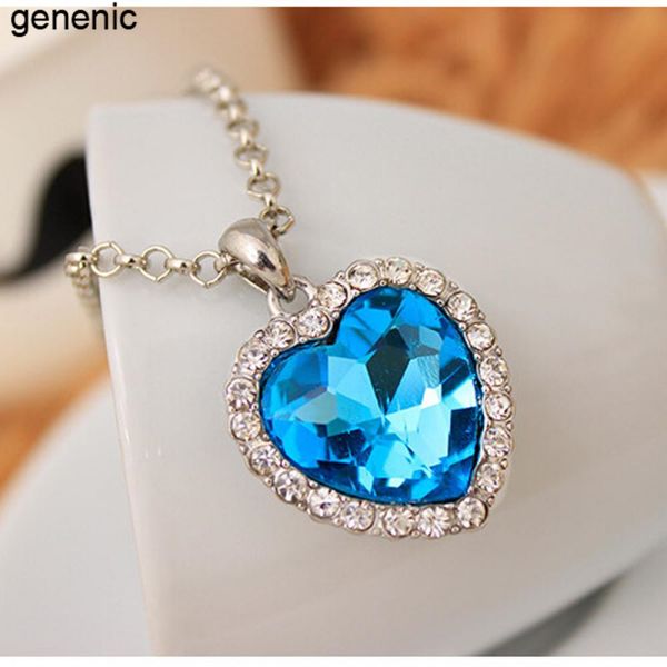 

blue ocean crystal rhinestone heart pendant necklace classic titanic jewelry lover gift women's fashion, Silver