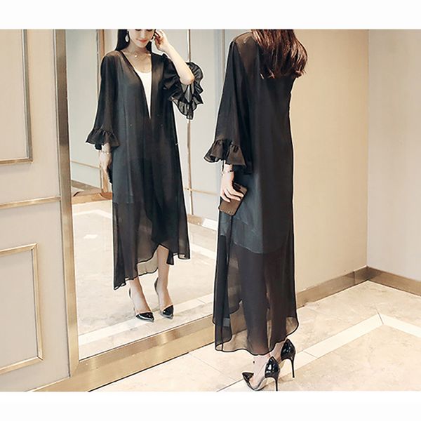 

ladies coat cardigan sun loose chiffon thin jacket air conditioner shirt thin large size women's jacket, Tan;black