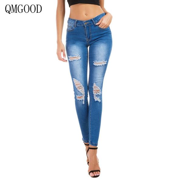 

qmgood 2018 tights torn jeans woman stretch high waist jeans with holes push up women classic ripped pants teenage trousers blue