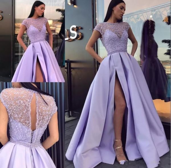 

major beading prom dresses lavender cap sleeves jewel beads side split evening dress satin open back a line party homecoming dress, Black