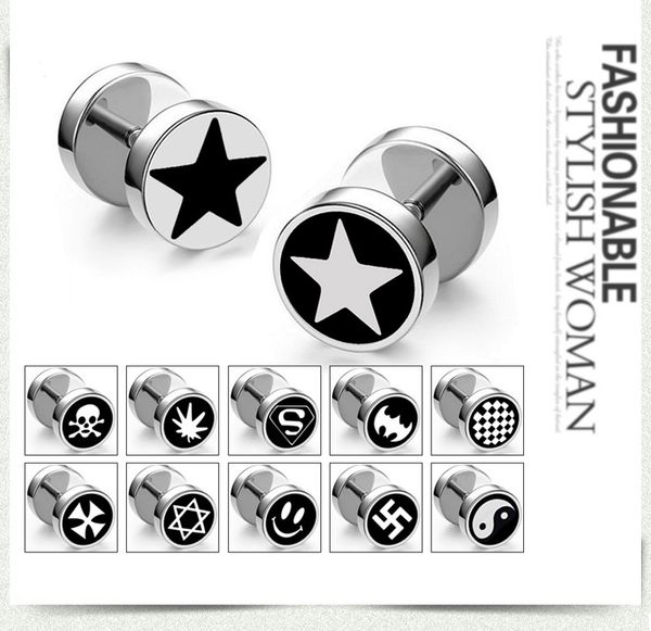 

1pcs punk fashion double sided round titanium steel hypoallergenic 8mm earrings for men fake ear plugs gothic barbell stud earring, Golden;silver