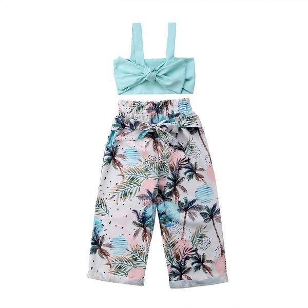 

2018 brand new summer kids baby girls clothes set strap bowknot tree print casual long pants outfits, White