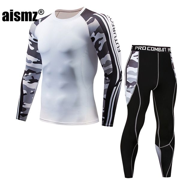 

aismz rashguard long sleeve t-shirt fitness set tights men's compression tracksuit men tactical moletom masculino 2 pieces suits, Gray