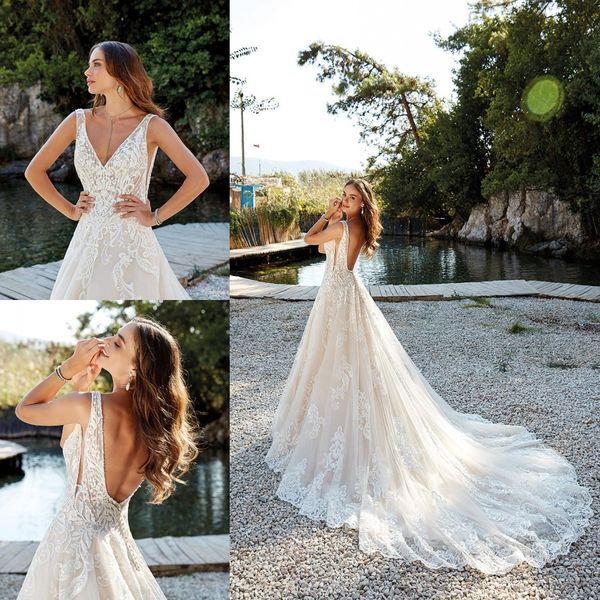 

2019 spring new side dew waist wedding dresses eddy k a line sleeveless bridal gowns deep v sheer neck wedding dress