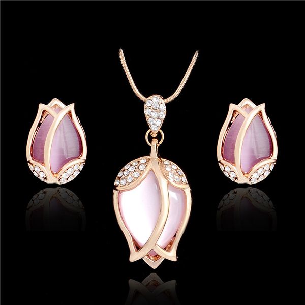 

h:hyde bridal jewelry sets parure bijoux femme pink natural stone opal rose flowers gold color jewelry wedding sets 2017, Silver