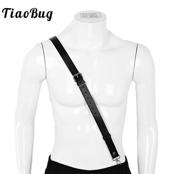 

tiaobug black imitation leather single shoulder braces straps male adjustable suspender men harness belt with buckles and clasps, Black;white
