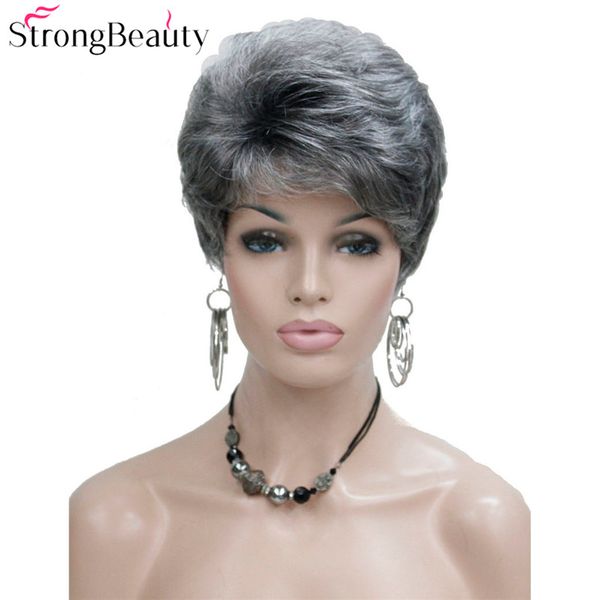 StrongBeauty synthetische kurze gewellte Haare bauschige natürliche blonde/silbergraue Perücken mit Pony für Frauen viele Farben zur Auswahl