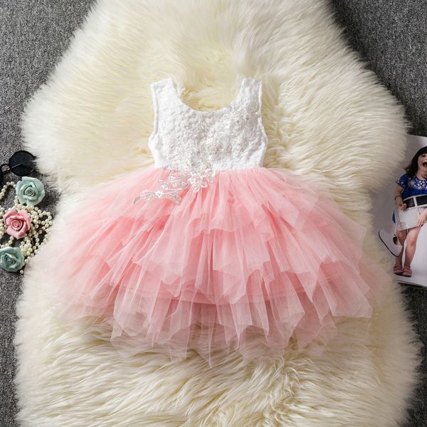 

girls lace crochet princess vest dresses summer children beaded tulle tutu dress kids hollow tassel backless cake clothes r2830, Red;yellow