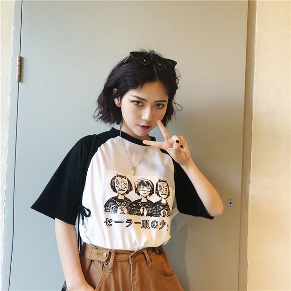 

japanese letter cartoon manga uniform girl character print patchwork contrast loose oversized t-shirt kpop fashion tee shirt, White