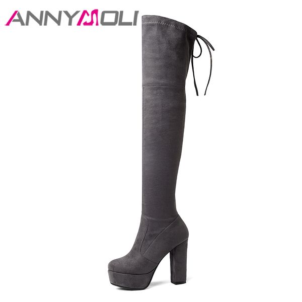 

annymoli winter women boots over the knee boots super high heels tall stretch platform thigh high female shoes big size 43, Black