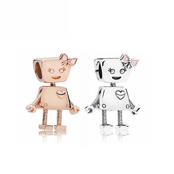

Cute 2018 Spring 925 Sterling Silver Bella Robot Charm Pink Gold Enamel Bead Fits Pandora Bracelet DIY for Women Jewelry Accessories