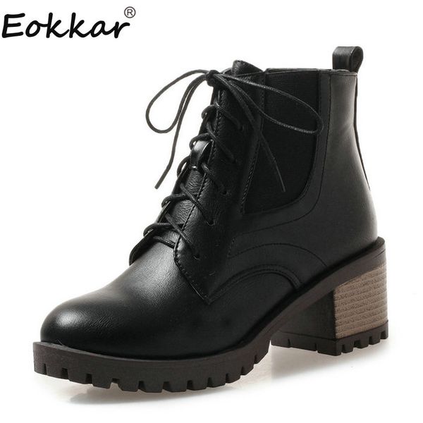 

eokkar 2019 women ankle boots pu leather square heel round toe lace up winter boots black women shoes ladies size 34-43