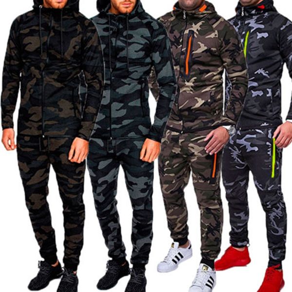 

thefound fashion men gym sport camouflage tracksuit hoodie jacket sweater suit set trousers pants jogging, Gray
