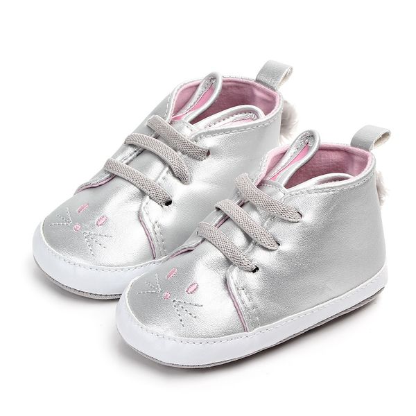 

Newborn Baby Boys Girls Sneakers Leather Sports Crib Soft First Walker Shoes Bunny Soft Sole Crib Non-slip Shoes 0-18M, Silver