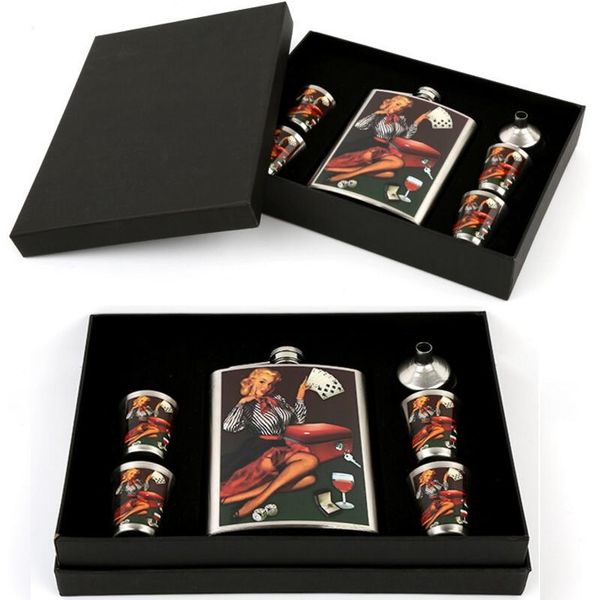 

creative stainless steel hip flask flasks for liquor gift set with bonus funnel & sglasses & gift box(00411
