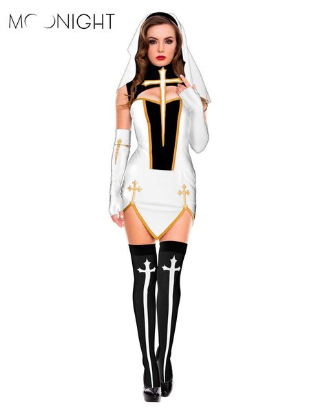 

moonight 4 шт. сексуальный монахиня костюм взрослых женщин косплей платье с белым капюшоном для хэллоуина костюм сестра косплей партия, Black