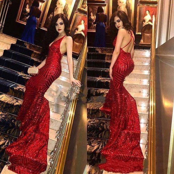 

Новый Blingbling Красный Блестки Пром Платья 2019 Sexy Глубокий V Шеи Крест-Накрест Назад Р