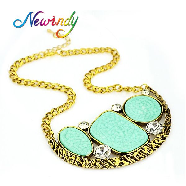 

whole salefashion jewellery big green black ink stone geometric collar statement necklace antique gold-color chain necklace women, Silver