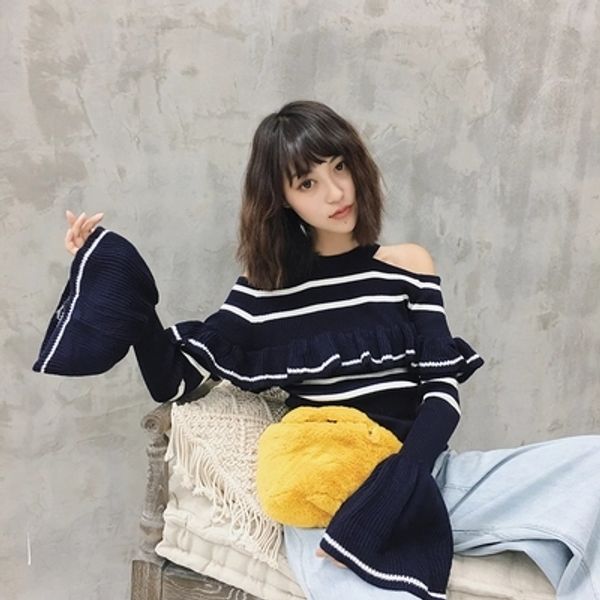 

2018 early autumn new stripe off-the-shoulder sweater cs8, White;black