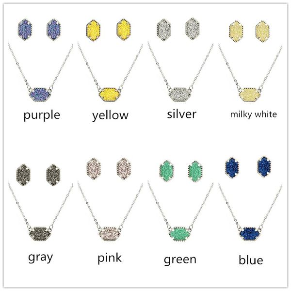 

15colors drusy druzy necklaces earrings jewelry set for women gold silver plated resin geometry stone necklace earrings