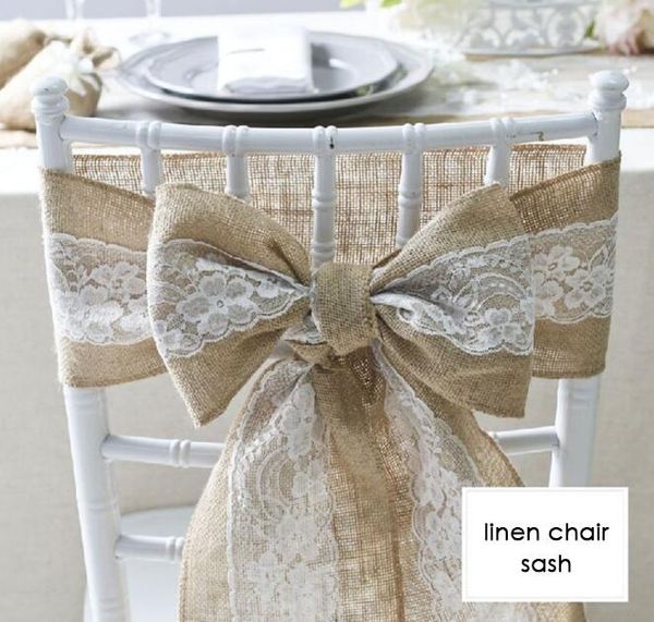 Vintage Linen Chair Bow Tie Sash With White Lace For Wedding