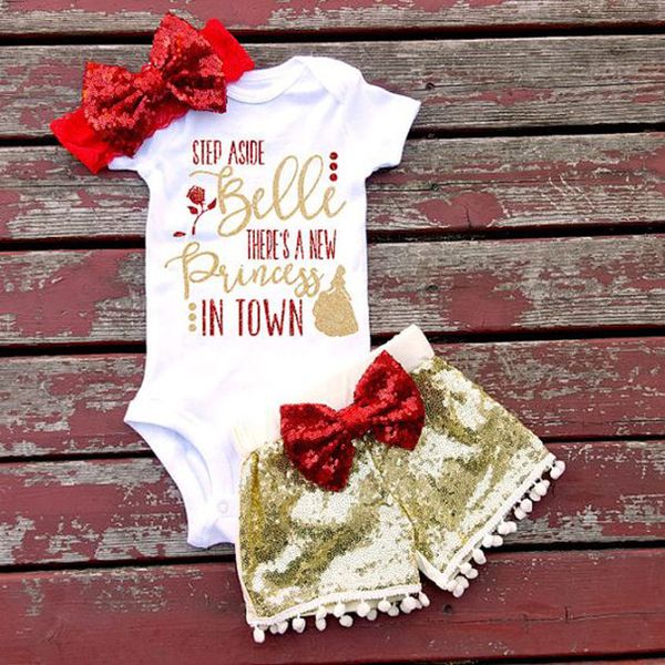 

summer girls letter clothing set short sleeve triangle rompers+paillette shorts+bowknot hair band 3pcs sets letters rompers suit sale, White
