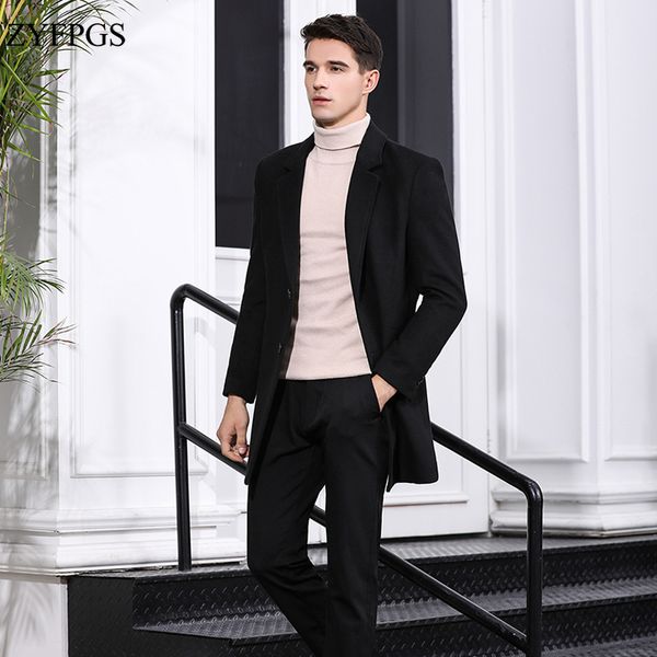 

zyfpgs 2018 new autumn men wool long jacket woolen trench coat solid casual slim fit thin wool mens peacoat 922, Black