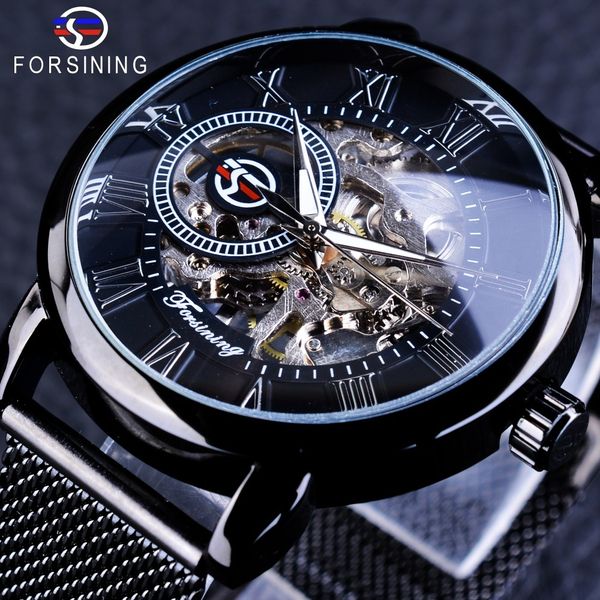 

forsining retro fashion black skeleton sport clock mechanical watch luminous hands mesh bracelet for men brand luxury watch d18100706, Slivery;brown