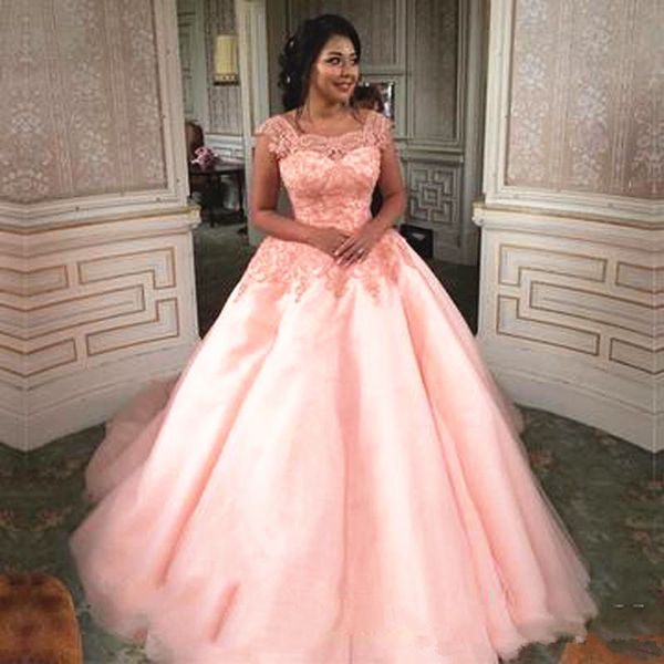 

ball gown light pink wedding dress 2019 classic design cap sleeve boat neck lace tulle court train arabic bridal gowns custom made, White
