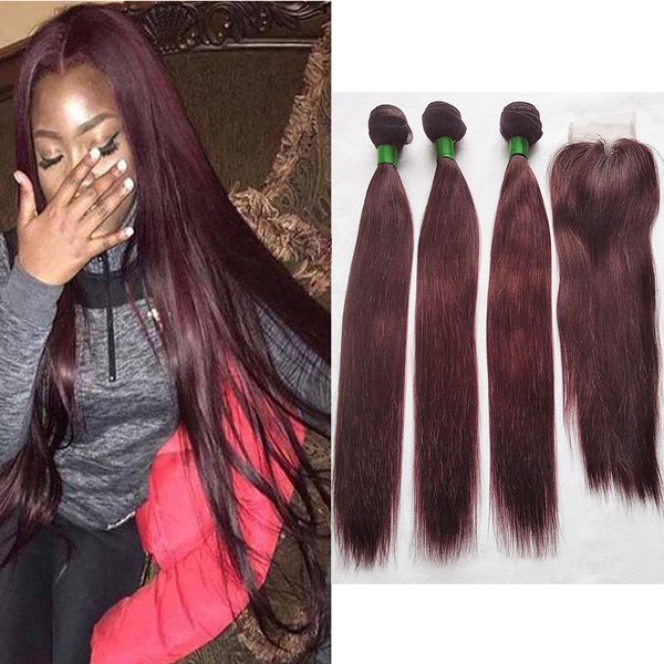 

peruvian human hair 3 bundles with 4x4 lace closure straight 99j burgundy dark red virgin colored hair weave wefts extension 12-24 inch, Black;brown
