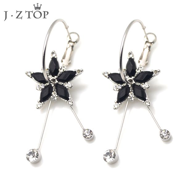 

jznew black rhinestone flower crystal pendant long tassel earrings for women silver circle hoop earring charm brinco jewelry, Golden;silver