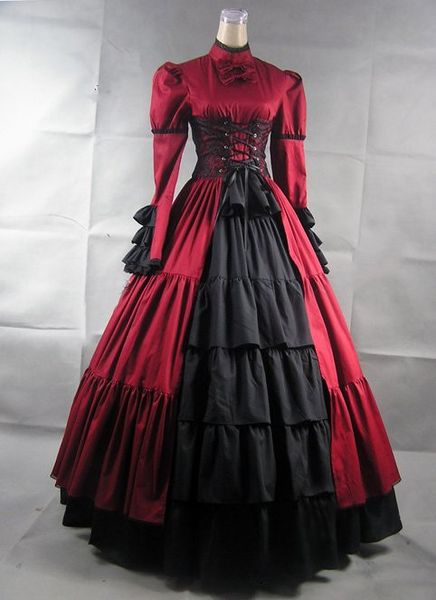 

custom 2016 hot sale red & purple cotton stand long sleeves gothic victorian lolita dresses costumes for women, Black;red