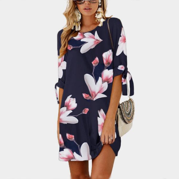 

2018 female plus size floral printed mini dresses casual o neck straight sundress dress women summer half sleeve chiffon dress, Black;gray