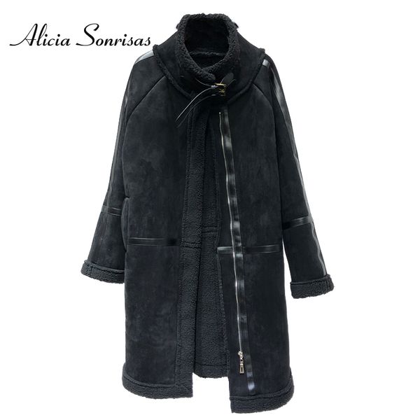 

women long sheepskin coat new 2018 thick warm suede jacket winter cashmere lamb fur long coats as100603, Black