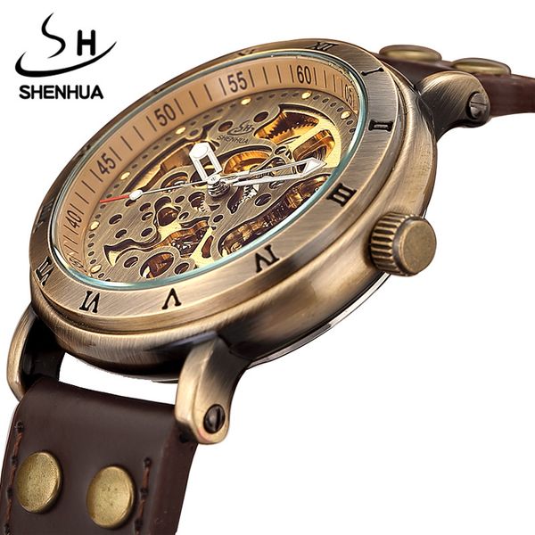

vintage hollow bronze skeleton automatic mechanical watches men's steampunk leather brand unique self-wind mechanical wristwatch, Slivery;brown