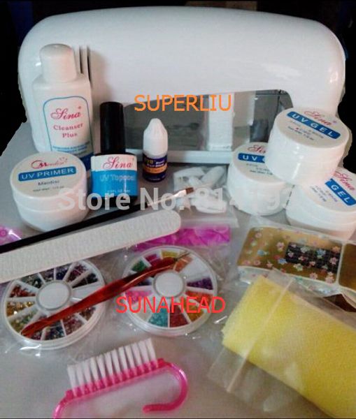 

promotion 2018 professional full set uv gel kit starter uv nail art set + 9w curing lamp nail dryer drop