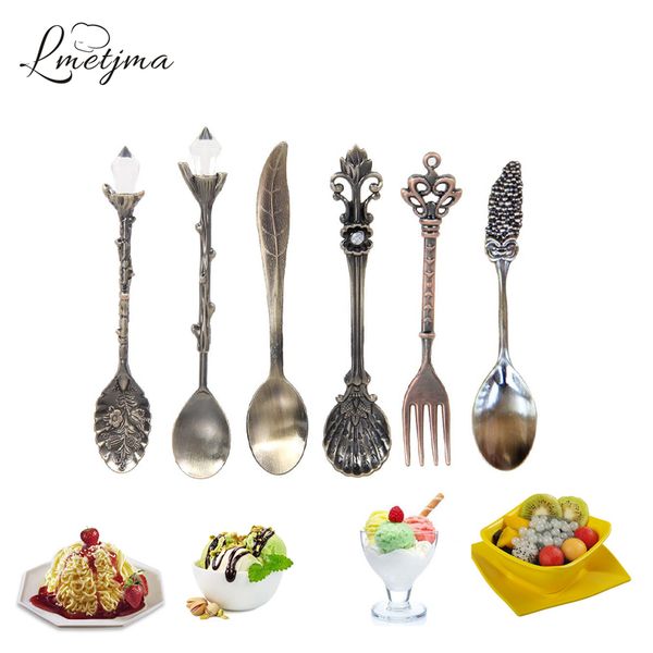 

lmetjma 6pcs/set retro luxury coffee spoon and fork metal carved fruit dessert spoons sweet fork dinnerware set kc0905-5