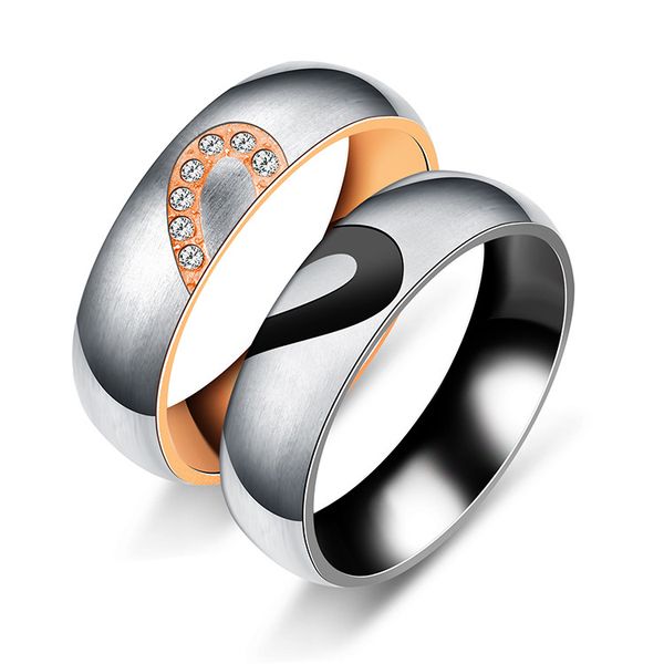 

his & hers love heart wedding promise rings set titanium steel couples engagement bands for men and woman, Silver