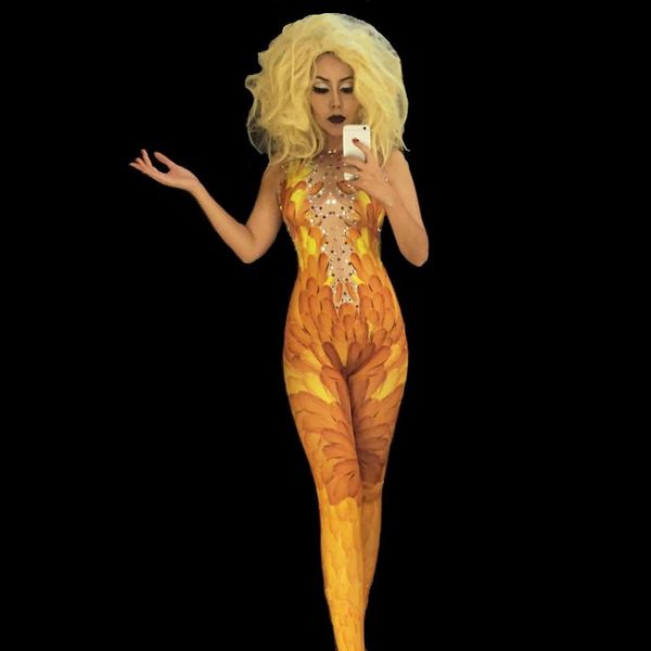 

nightclub singer dj stage costumes gold feather printing sparkly stones jumpsuit leotard elastic female bodysuit party show, Black;white
