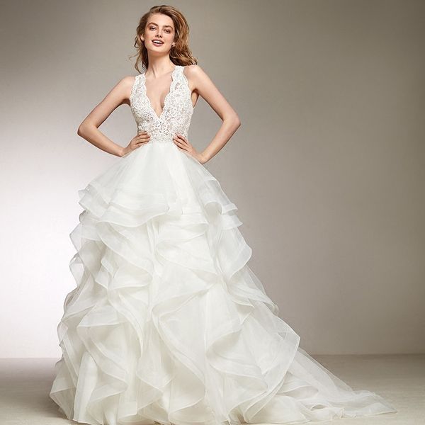 

v-neck wedding dress ball gown buttons back sweep train bridal gowns custom made plus size, White