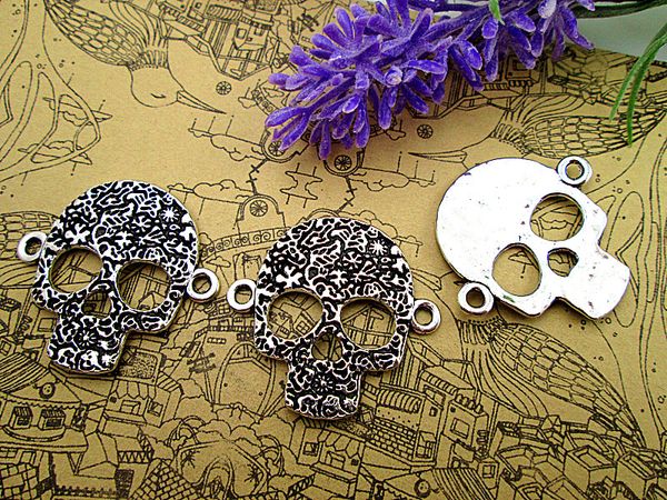 

30pcs-skull charms, antique tibetan silver filigree flower skull face connector charm 33x31mm, Bronze;silver