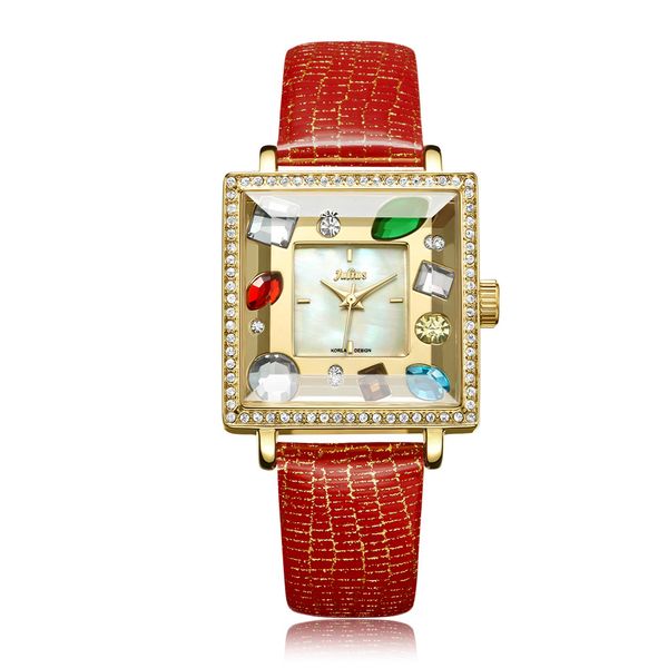 

brand leather design luxury women watches fashion red large big diamond rhinestone gemstone square ladies dress wristwatch gift y18102310, Slivery;brown
