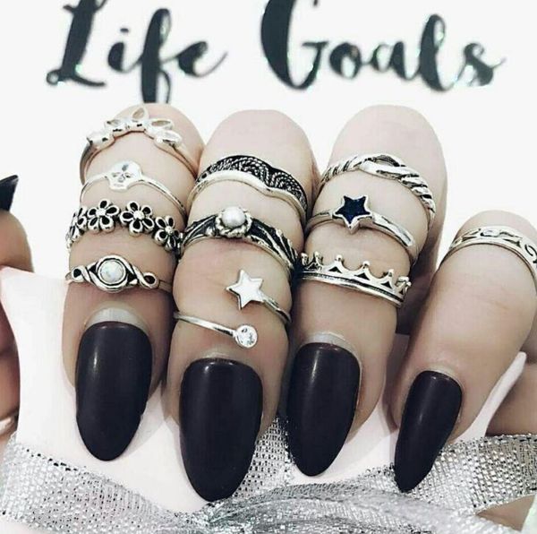 

fashion charm roses rings for women girl wedding party vintages leaf carving totem 11 pcs/set noble ring jewelry wholesale, Golden;silver