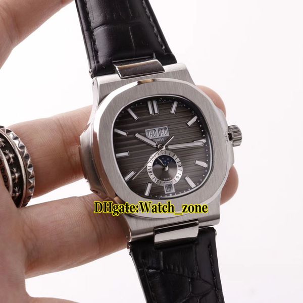 

new 41mm sport nautilus big date 5726a-001 gray dial asian 2813 automatic moon phase mens watch leather strap folding buckle watches, Slivery;brown