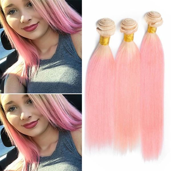 Bleach Blonde To Pink Ombre Hair Extensions Human Hair 3 Bundles