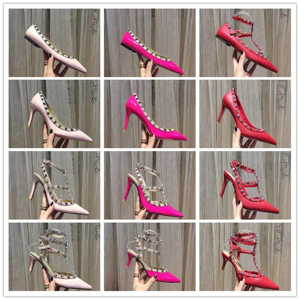 

va033 высокие каблуки лакированный rockstuded slingback ремешок на щиколотке лакированные сандалии заклепки сандалии насосы насосы насосы св, Black