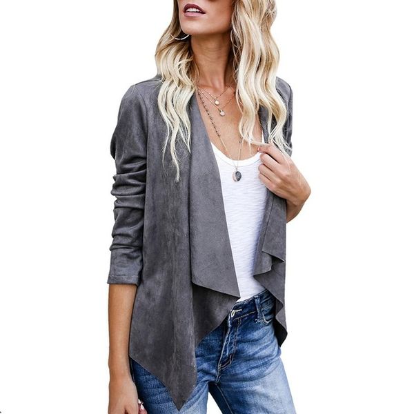

Spliced Fashion Women Irregular Faux Suede Leather Revers Coat Basic Jacket Autumn Turn-down Collar Bomber Windbreaker Slim Jackets