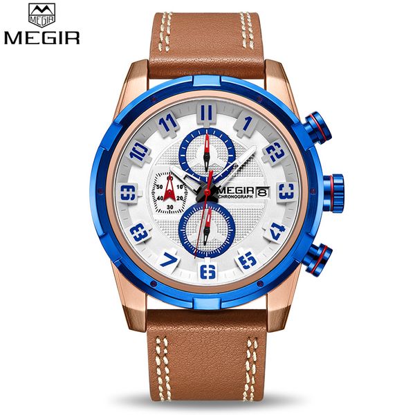 

megir chronograph leather strap sports watches men quartz clock creative luminous man wrist watch relogio masculino, Slivery;brown