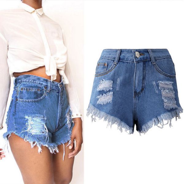 

2018 summer style high waist denim shorts female short ripped jeans women new arrival blue