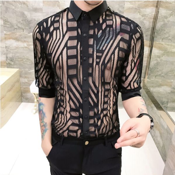 

mens clothing solid color casual shirts hollowed out long sleeve male night shirt ing, White;black